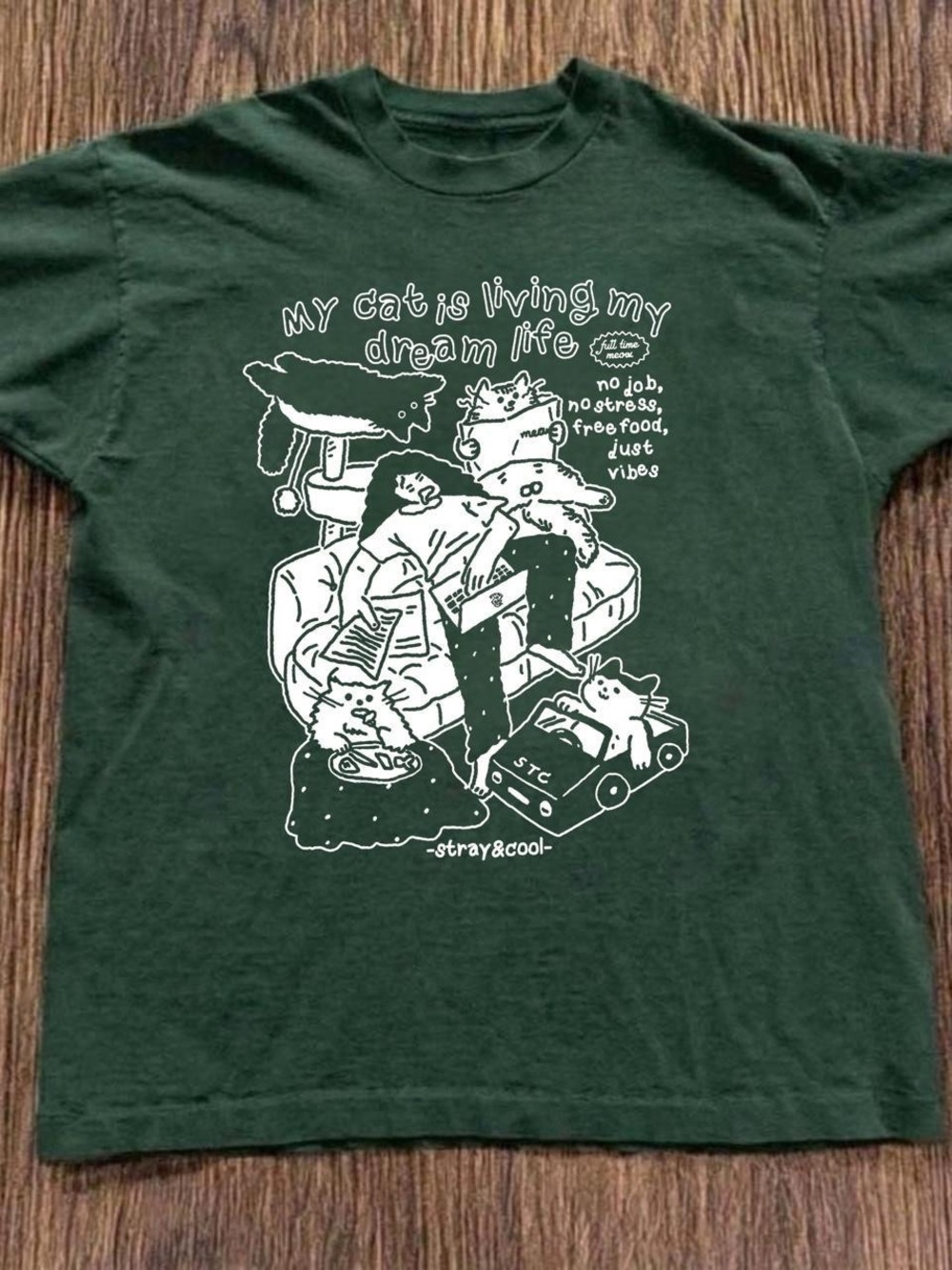 Gildan Dark Green 'My Cat Is Living My Dream Life' Graphic Tee
